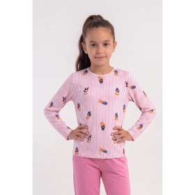 Resim Obje Kız Çocuk Pembe Ayıcık Desen Likra Polyvıscon O Yaka Uzun Kol Pijama Üstü 