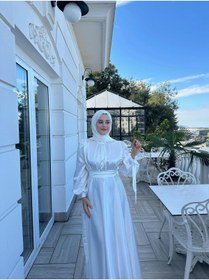 Resim KADNER Lia Beyaz Önü Büzgülü Şanel Saten Kumaş Lüks Tesettür Abiye Elbise 