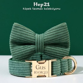Resim Dog Collar Named Dark Green Corduroy Collar 370302 - 4pcs set / M 