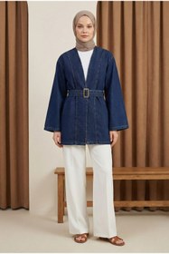 Resim MODAQU Kemerli Kot Kimono - Koyu Mavi 