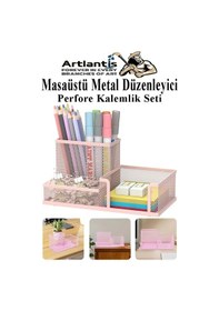 Resim Masaüstü Metal Kalemlik Seti 3 Lü Kombo 1 Paket Fileli Perfore Pastel Renkli Kalemlik Kağıtlık Küpnotluk Düzenleyici Açık Pembe 