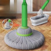 Resim Yeşil Saplı ve Beyaz Kovalı Eller Serbest Mop - Dayanıklı Plastik, Yıkama Gerektirmeyen Tasarım Mutfak, Banyo, Oturma Odası İçin - Kolay Saklama & Temizlik, Banyo Mopu, Mutfak Temizleme Aracı, Modern Mop Tasarımı, Easyclean Malzeme 
