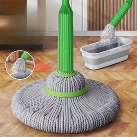 Resim Yeşil Saplı ve Beyaz Kovalı Eller Serbest Mop - Dayanıklı Plastik, Yıkama Gerektirmeyen Tasarım Mutfak, Banyo, Oturma Odası İçin - Kolay Saklama & Temizlik, Banyo Mopu, Mutfak Temizleme Aracı, Modern Mop Tasarımı, Easyclean Malzeme 