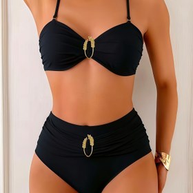 Resim Yeni Moda Katı Renkli Metal Aksesuarlı Yüksek Bel Pantolon ile Seksi İki Parça Mayo Seti Kadınlar için 