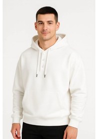 Resim Erkek Ovarsize Kapüşonlu Swetshirt Kanguru Çepli Cıtcıtlı 3 Iplik Şardonlu Hoodie - Beyaz Beyaz 