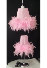 Resim Pembe Tüylü Avize Abajur Seti Çocuk Odası 