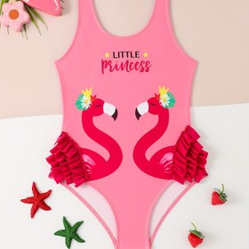 Resim Küçük Prenses Pembe Flamingo Baskılı Ruffle Kenarlı Mayo, Sevimli Polyester Spandex Karışımı Yüksek Esneme ile, 'S 12 Yaş ve Altı İçin Yüzme Giysisi 