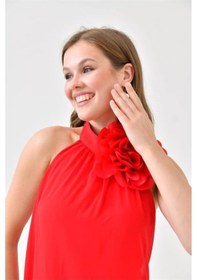 Resim Dip Moda Kadın Broş Çiçek Detaylı Abiye Elbise Dpnbs9351 Kırmızı 