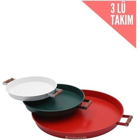 Resim Kitchen Trend 3 Lü Ahşap Kulplu Metal Tepsi Çay Tepsisi Kahve Tepsisi Sunum Tepsi Seti Kırmızı,yeşi 