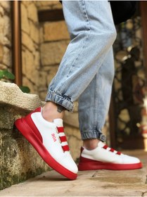 Resim BOUIS Erkek Beyaz Kırmızı Casual Üç Bantlı Konforlu Sneaker Kalın Rahat Taban Şık Yürüyüş Ayakkabısı 