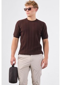 Resim Dufy Kahve Fitilli Erkek Triko - Slim Fit Kahve 
