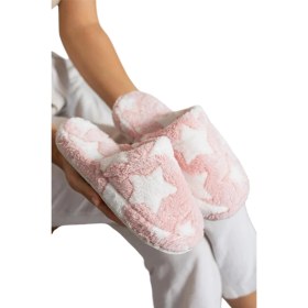 Resim Liger Önü Kapalı Yıldız Baskılı Peluş Kadın Ev Terliği Pudra 