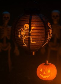 Resim Halloween Cadılar Bayramı Japon Feneri Pilli 20 Cm Siyah Renkli İskelet Desenli Korku Aksesuarı Diğer 