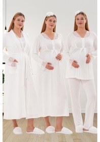 Resim Mecit Pijama Mecit 6332 Ekru Sabahlık Gecelik Pijama Hamile Lohusa Set 