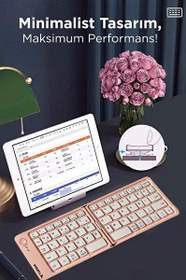 Resim Torima TK-08 Pembe Kablosuz Katlanabilir Şarjlı Taşınabilir Mini Bluetooth Klavye 
