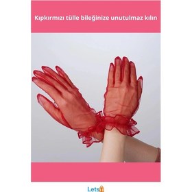 Resim Kısa Boy Likralı Güpürlü Yetişkin Tül Eldiven Kırmızı Çok Renkli 