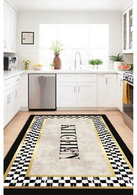 Resim By Özer Halı Bordürlü Bej Gold Renk Mozaikli Makinede Yıkanabilir Modern Stil Yolluk Mutfak Halısı Çok Renkli 