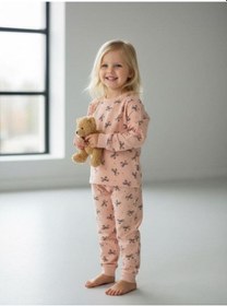 Resim Kız Çocuk Pamuklu Fiyonklu Pijama Takımı-16829 Pudra 