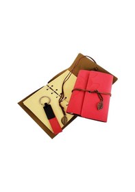 Resim Ahşap Kutulu Kırmızı Deri Defter Ve Anahtarlık Set 