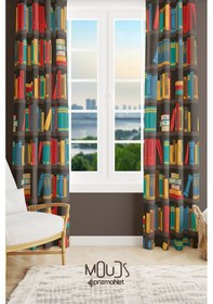 Resim Kitaplık Desenli Süet Oturma Odası Salon Fon Perde Baskılı Ekstrafor Büzgü 2 Kanat Prd-1098 Çok Renkli 