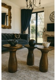 Resim Ahşap Mantar Sehpa Takımı 3 Lü Ceviz Renk Zigon Set Kahverengi 