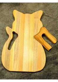 Resim Çocuk Için Kedi Şeklinde Ceviz Ve Kayın Ağacından Ahşap Kesme Tahtası Ve Bıçağı Ahşap 