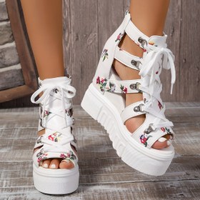 Resim Kadınların Çiçek Desenli Retro Sandaletleri, Arka Fermuarlı Platform Dantel Detaylı Ayakkabılar, Yazın Nefes Alabilen Yüksek Tabanlı Tatil Ayakkabıları 