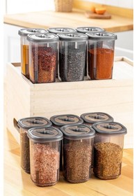 Resim 12'li Etiketli Ve Kilitlenebilir Hava Almaz Kapaklı Baharatlık Seti - Baharatlık Gri Antrasit 