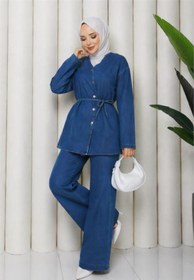 Resim Neşeli Butik kadın lacivert düğmeli kuşak detaylı ikili kot tesettür takım NBFT010 