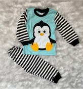 Resim Çocuk Bebek Yazlık Penguen Baskılı Çizgili Pijama Seti 