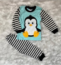 Resim Çocuk Bebek Yazlık Penguen Baskılı Çizgili Pijama Seti 