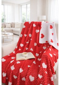 Resim Kalpli Triko Battaniye Ponponlu, Çift Taraflı, Yumuşak, Sevgililer Günü Özel Tasarım-130x170cm Kırmızı Kırmızı 