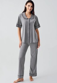 Resim Bebe Yaka Düğmeli Kısa Kollu Esnek Pamuklu Pijama Takım 17201 - Gri / XL 