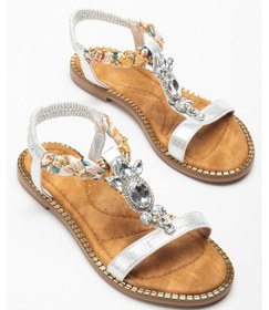 Resim Kadın Düz Topuklu Sandalet Gümüş Taşlı Tokalı Tekbant Örgü Baretli-4037 Gümüş 