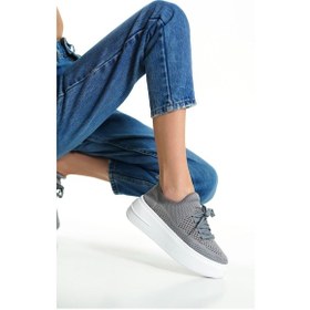 Resim Mubiano H- 101-gr Triko Örme Kumaş Oval Burunlu Bağcık Detay Kadın Gri Yüksek Taban Babet & Loafer Ayakkabı Gri 