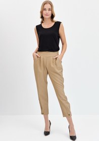 Resim Desen Triko Kadın Geniş Kemerli Paçası Düğmeli Keten Pantolon Camel 
