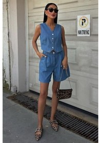 Resim Moderie Butik Gümüş Düğmeli Yelek Ve Şort Tensel Takım 10174 Açik Mavi 