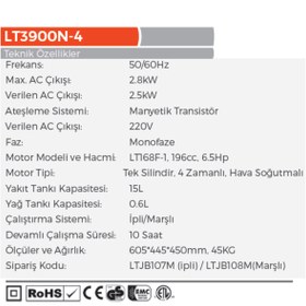 Resim Lutian İpli 2.8 Kw Benzinli Jeneratör Euro V(5) Motor (LT3900N-4) 