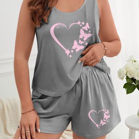 Resim Artı Boyutlu Kadınlar için Rahat Giyilebilir Ev Pijama Takımı Gri Minimalist Kalp Kelebek Baskılı Atlet Üst & Şort 2 Parça Artı Boyutlu Uyku Giysisi 