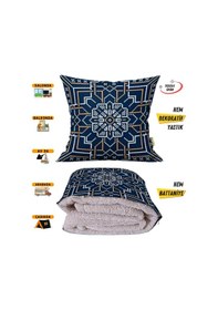 Resim Lacivert Beyaz Etnik Desen Tv Battaniyeli Opsiyonel Dekoratif Yastık Kırlent 2 İn 1 Battaniye Çok Renkli 
