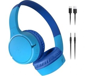 Resim Esranın Dünyası Belkin Soundform Mini Çocuk Kablosuz Kulaklık (Mavi) - Dahili Mikrofon, 30 Saat Çalma, Eğlenceli Çıkartmalar, Iphone, iPad ve Galaxy Uyumlu 