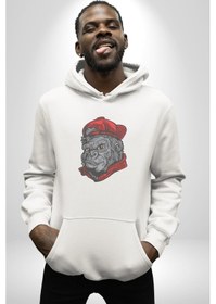 Resim Kırmızı Şapka Maymun Kadın Erkek Beyaz Kapüşonlu Sweatshirt Hoodie Beyaz 