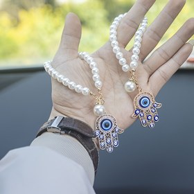 Resim Horus Gözü Araba Asma Dekorasyonu - Metalik Mavi ve Altın, Kötü Göz Kolye ile İnci ve Boncuk Detayları, İç Mekan Araba Süsleri için Mükemmel, Araba Aksesuarı | Dekoratif Asma | Detaylı El Sanatları, Araba Dekoru 