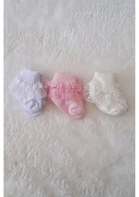 Resim 3lü Kız Bebek Dantelli Çorap Pamuklu Likralı Esnek Renkli Çok Renkli 