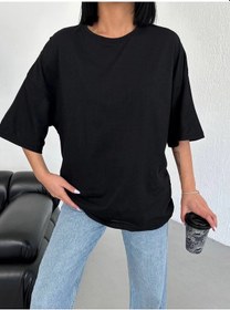 Resim Assema Kadın Düz T-shirt Kısa Kol Bisiklet Yaka Ovarsize Rahat Kalıp Günlük Tişört - Siyah Çok Renkli 
