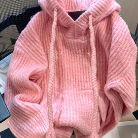 Resim Kadınlar İçin Pastel Pembe Kapüşonlu Kazak - Sonbahar Kış İçin Yumuşak Uzun Kesim Kazak, Günlük ve Resmi Etkinlikler İçin Şık Dış Giyim, Rahat Kışlık Kazak, Kabartma Detaylı Kapüşonlu Kazak 