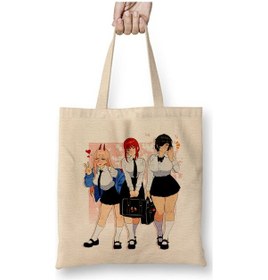 Resim Toyaso Chainsaw Man Karakterler Beyaz Bez Çanta Uzun Saplı Alışveriş Çantası Plaj Çantası Beyaz 