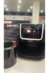 Resim woodhub Siyah hava fritözü, sağlıklı pişirme için ideal, kullanışlı ve şık tasarım. 