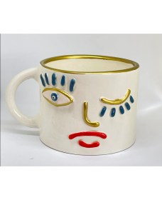 Resim Sim Atölye Yüz Desenli El Yapımı Altın Yaldız Detaylı Geniş Kahve Kupası 