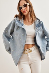 Resim Olalook Kadın Mavi Fermuarlı Cepli Kapüşonlu Nakış Detaylı Denim Ceket CKT-19000380 